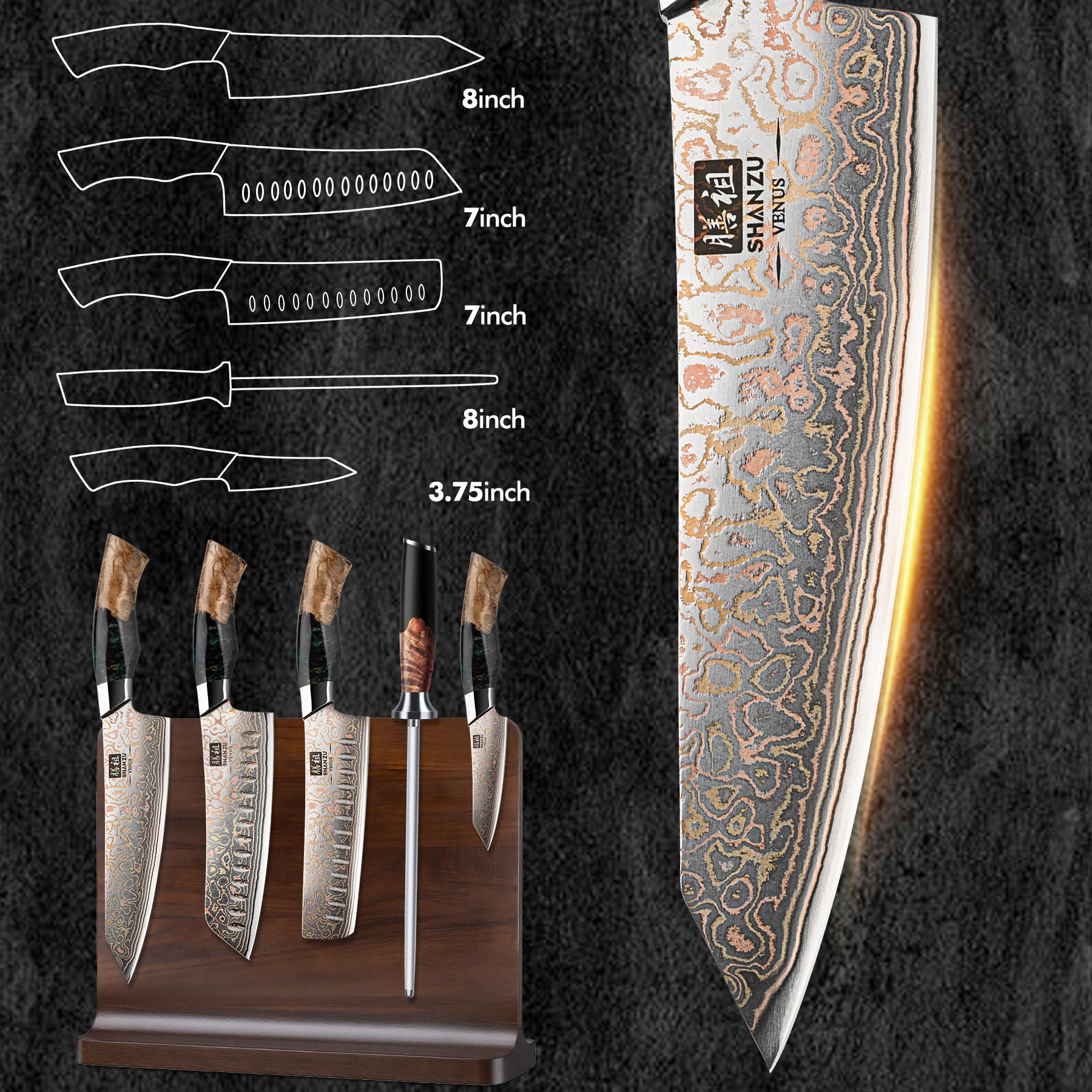 SHAN ZU Venus Series – 5-Piece Copper-Damascus Set + Magnetic Knife Block