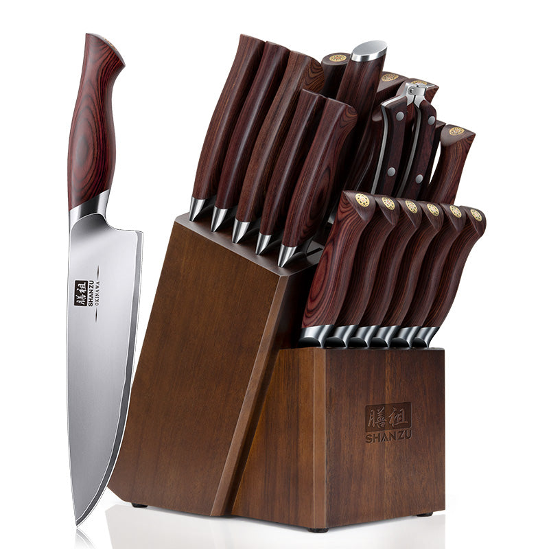 Okinawa Series| 21 PCS Knife Block Set with Ergonomic Pakka Wood Handle