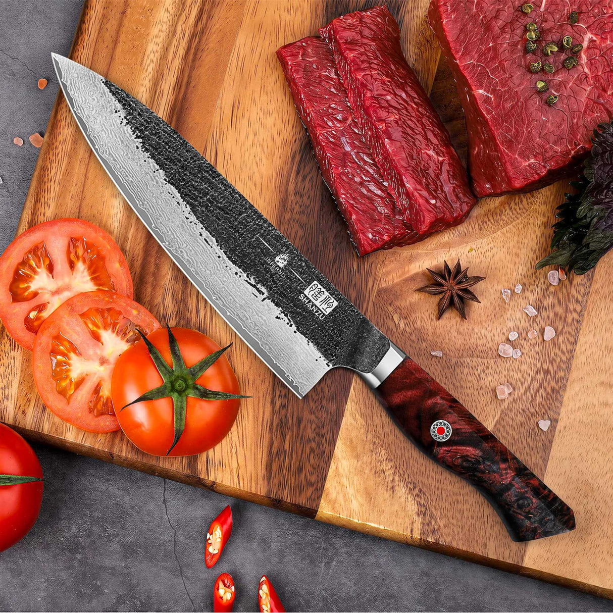 INFERNO Series | 8" Forged Black Damascus Chef Knife