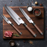 SHAN ZU 3PCS Japanese Knife Set, 9 Layers 10Cr15MoV High Carbon Steel Professional Kitchen Knives, Sharp Chef Knife Set with Ergonomic Red Sandalwood Handle, Sashimi Cooking & Cutting Knives Set