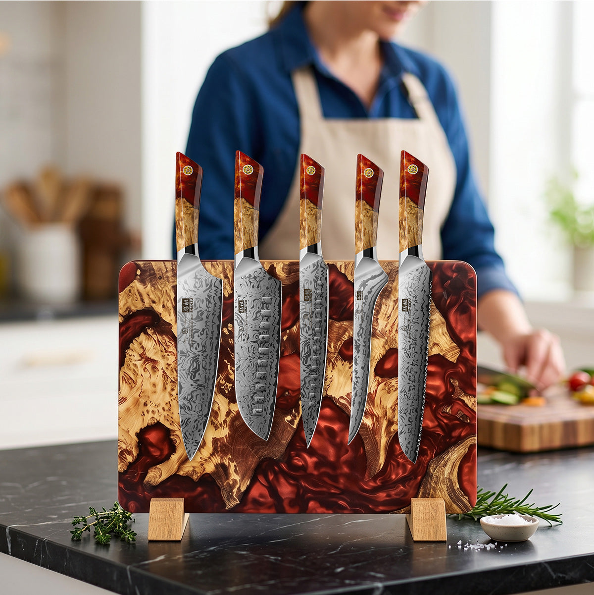 White Tiger Series | Double-Sided Magnetic Knife Block - Red Stabilized Wood Edition