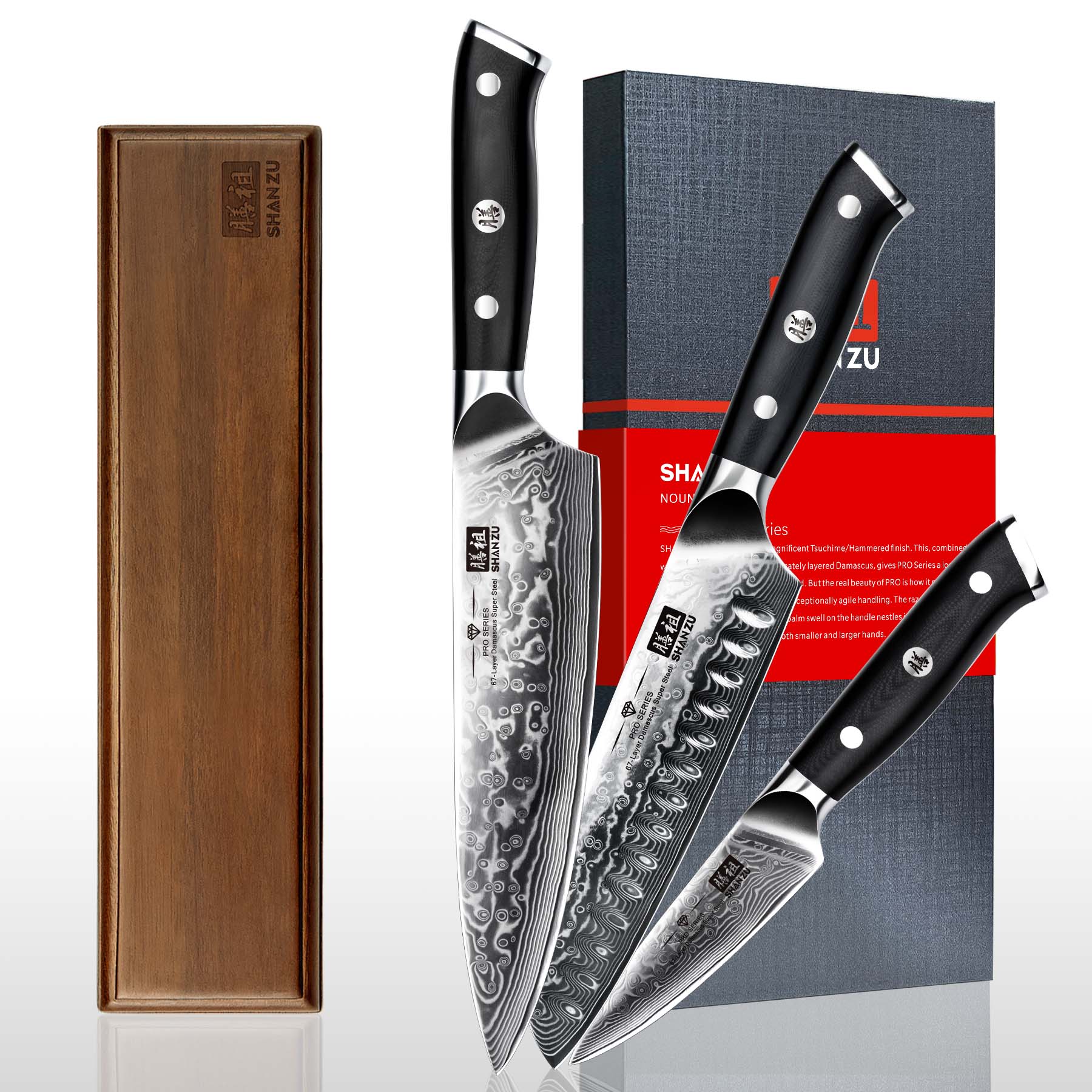 SHAN ZU Pro Series | 3-Piece Damascus Knife Set + 12