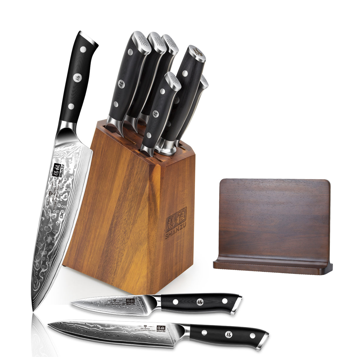 SHAN ZU PRO | 7-Piece Damascus Kitchen Knife Set with Block + Magnetic Knife Block