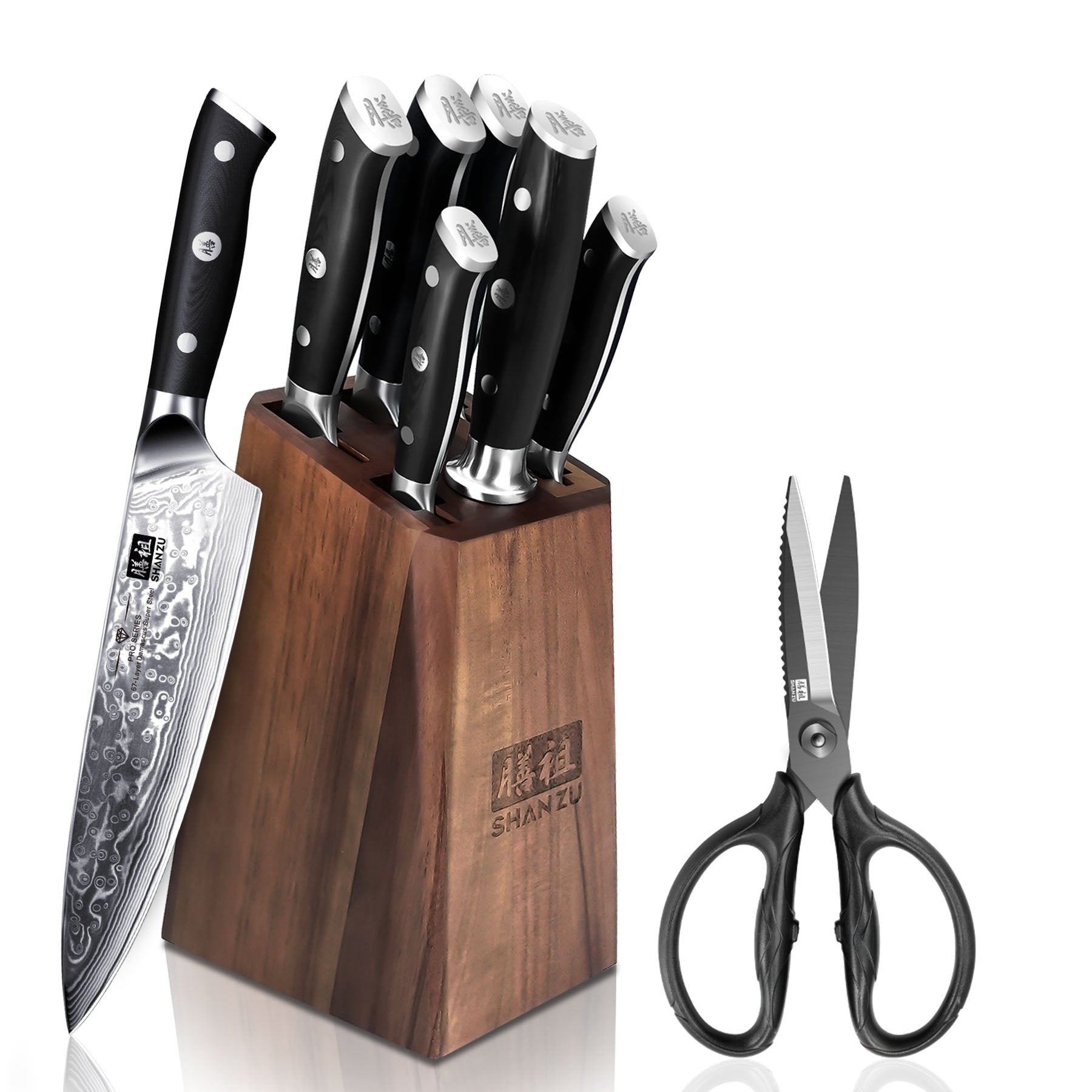 PRO Seires 7-Piece Damascus Kitchen Knife Set With Block+Duty Kitchen Scissors