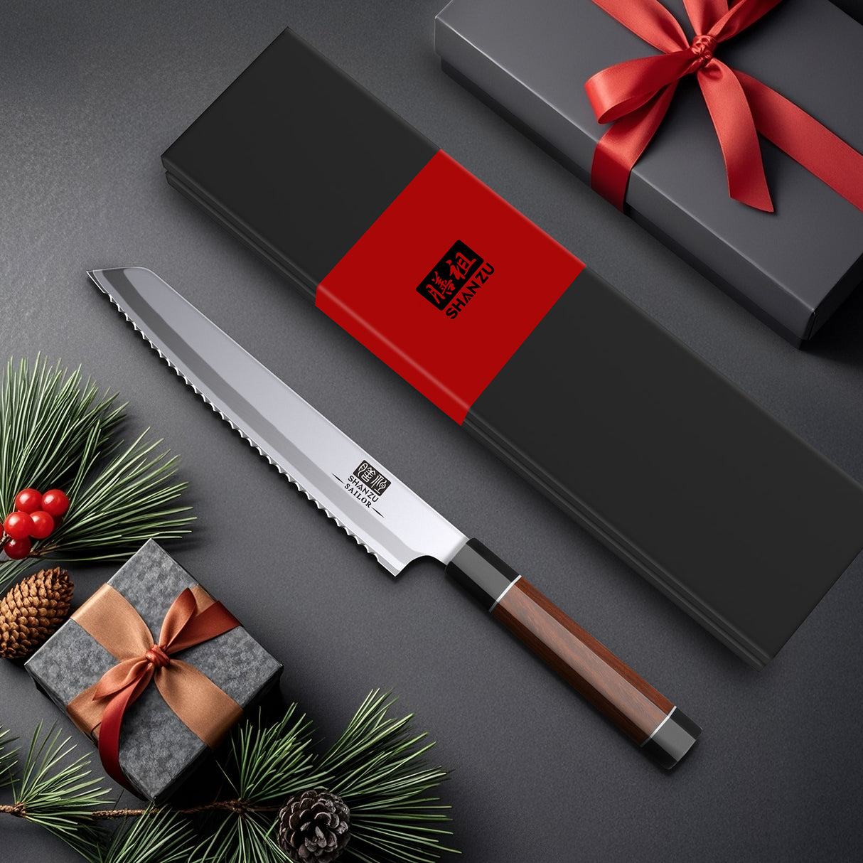SHAN ZU 8 Inch Japanese Bread Knife, 9 Layers 10Cr15MoV High Carbon Steel Bread Knives for Homemade Bread, Sharp Sourdough Bread Knives Sashimi Knives, Long Serrated Bread Sashimi Knife