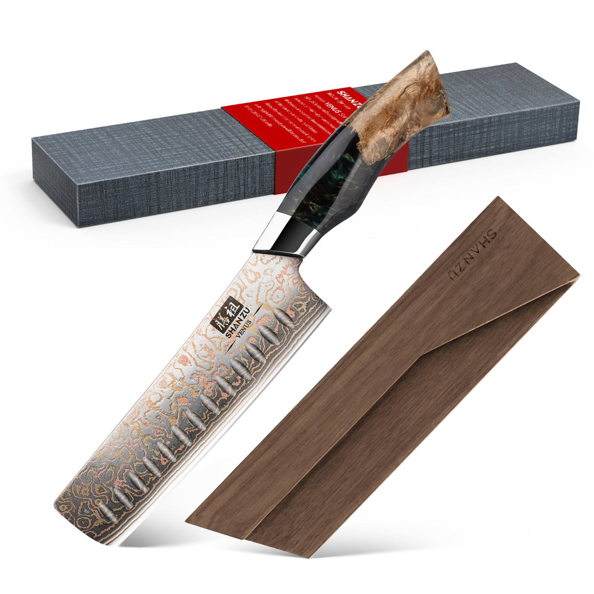 Venus Copper 7" Damascus Nakiri Knife+Magnetic Knife Sheath