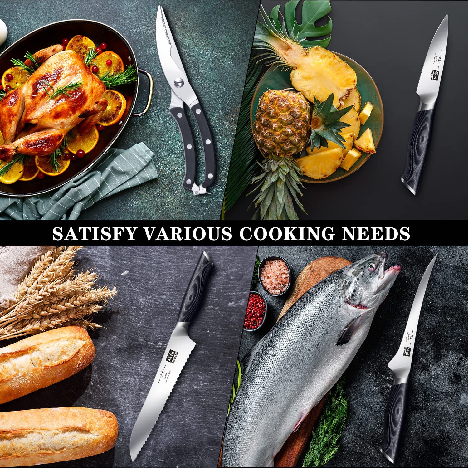 SHAN ZU 16-PCS Professional Japanese AUS-10V Steel Chef Knife Set with Wood Handle | Top-tier Cutlery Set 