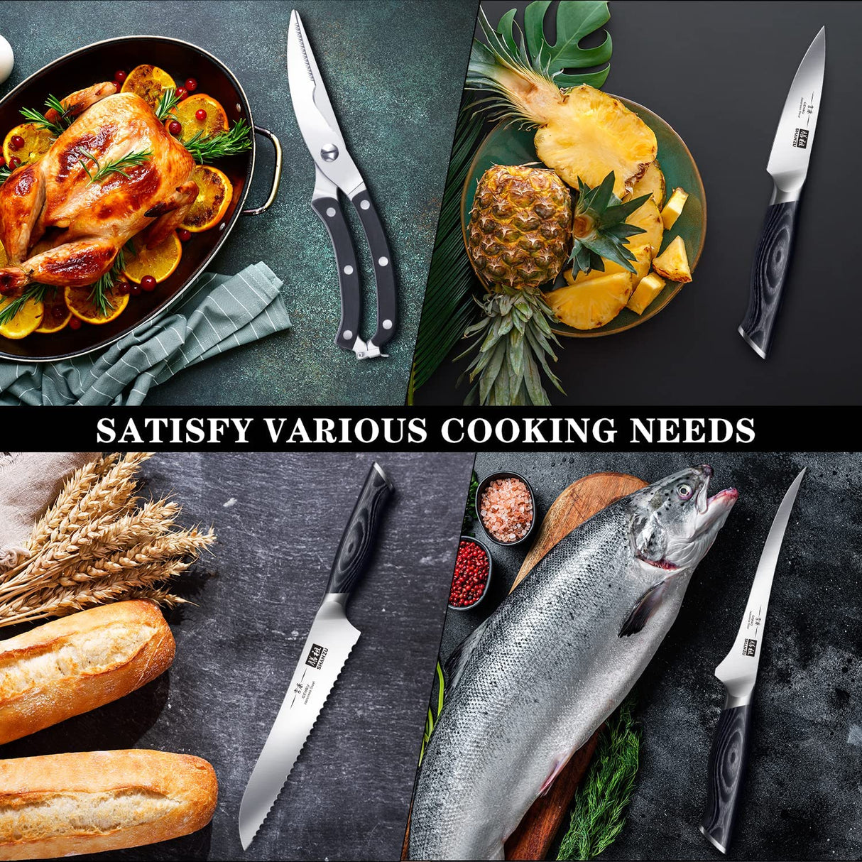 SHAN ZU 16-PCS Professional Japanese AUS-10V Steel Chef Knife Set with Wood Handle | Top-tier Cutlery Set 