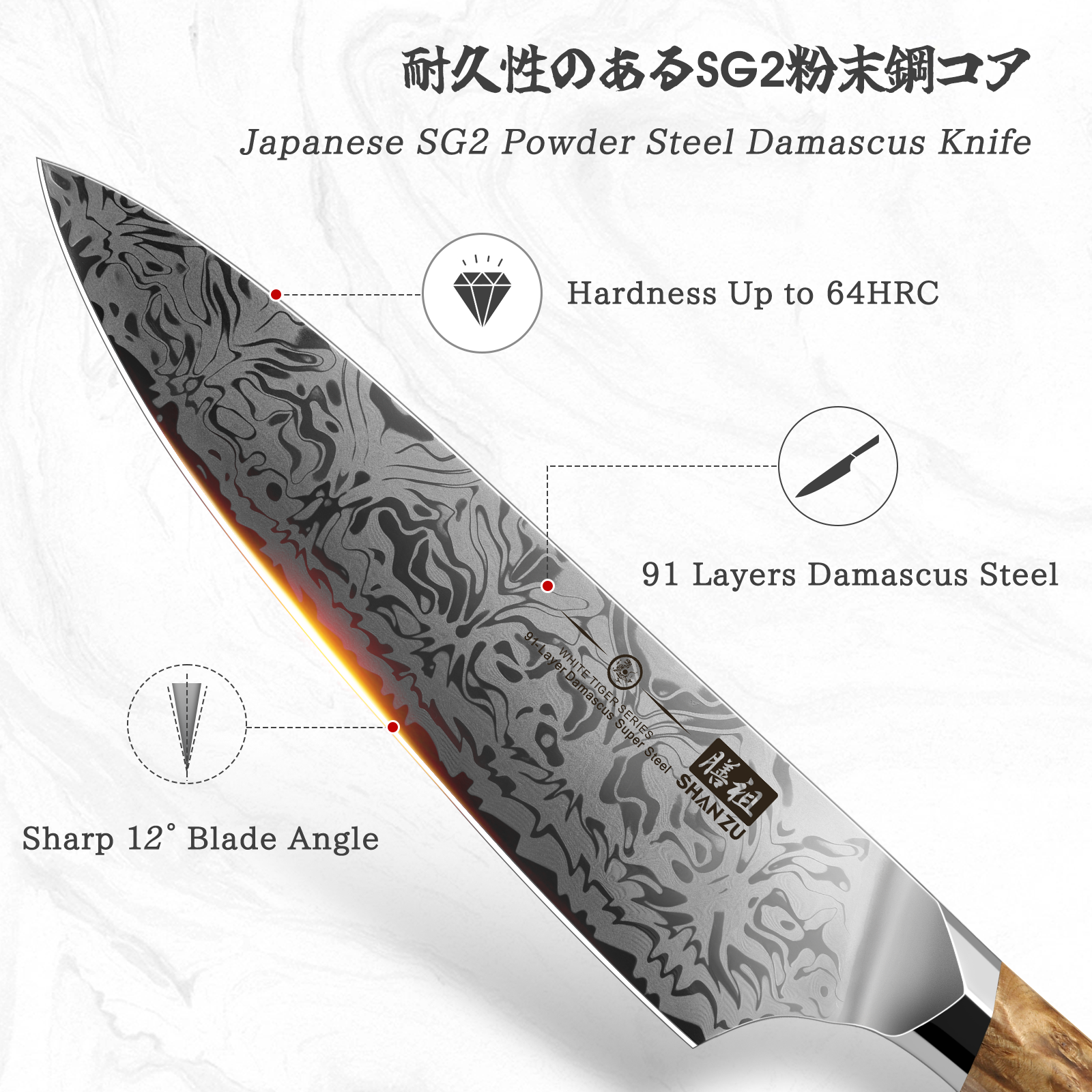 SHAN ZU WHITE TIGER | 5-Piece SG2 Kitchen Knife Set + Magnetic Knife Block