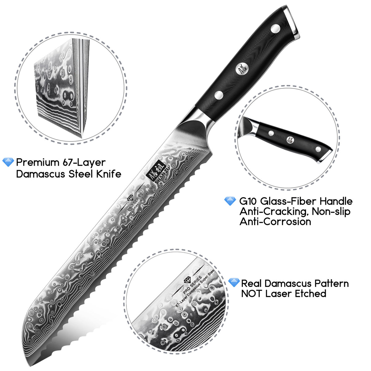 SHAN ZU PRO | Damascus Bread Knife + Magnetic Knife Sheath