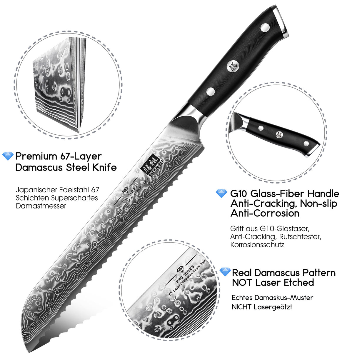 SHAN ZU PRO | Damascus Bread Knife + Magnetic Knife Sheath