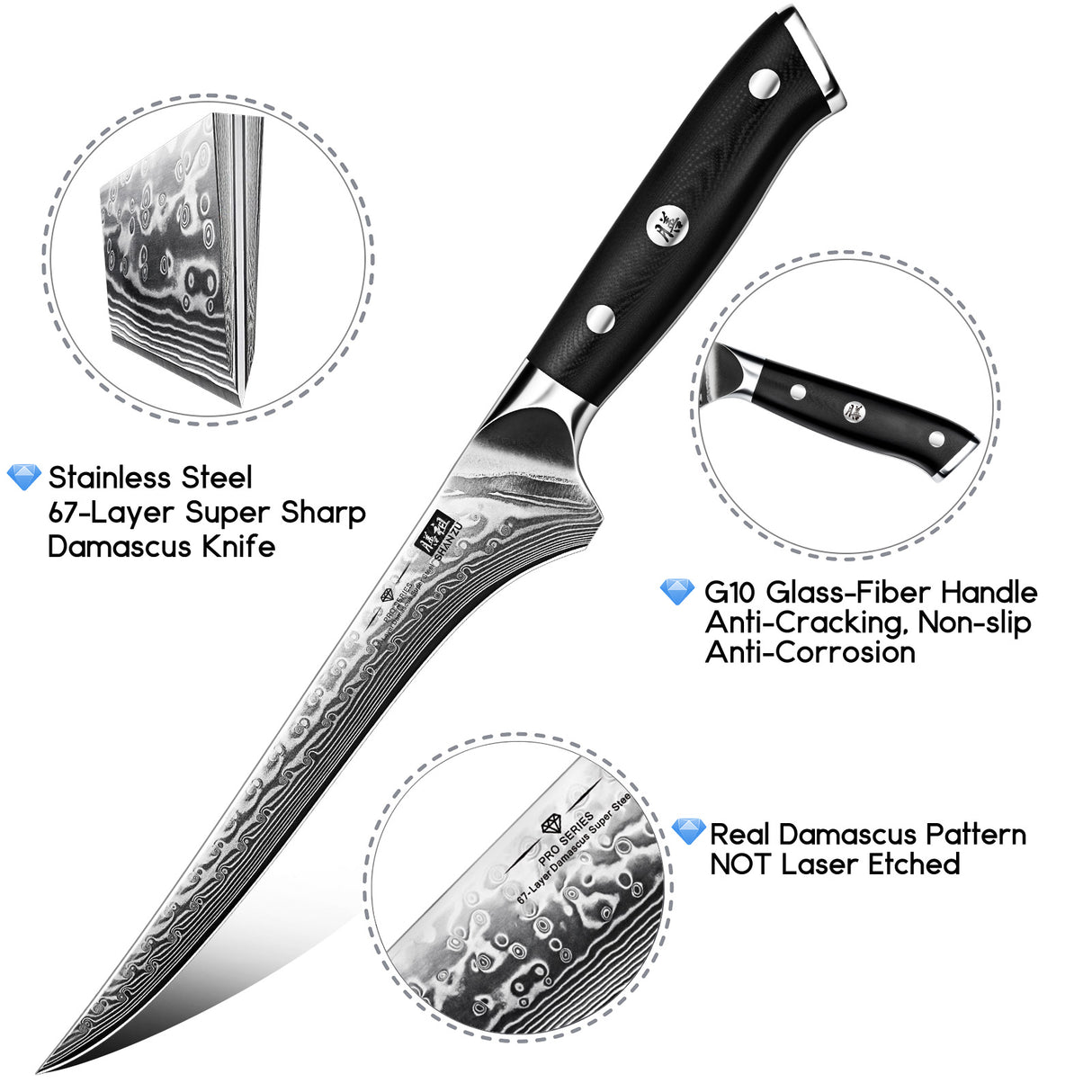 SHAN ZU PRO | Cuchillo fileteador de Damasco + Funda magnética para cuchillos