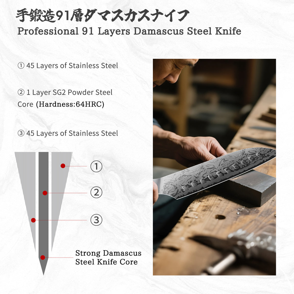 SHAN ZU WHITE TIGER | Coltello Santoku in damasco + Custodia magnetica per coltelli