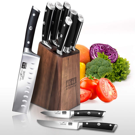 SHAN ZU High Carbon Steel 7-PCS Kitchen Knife Block Set | Professional & Best Household Japanese HC Steel Chef Knife Set