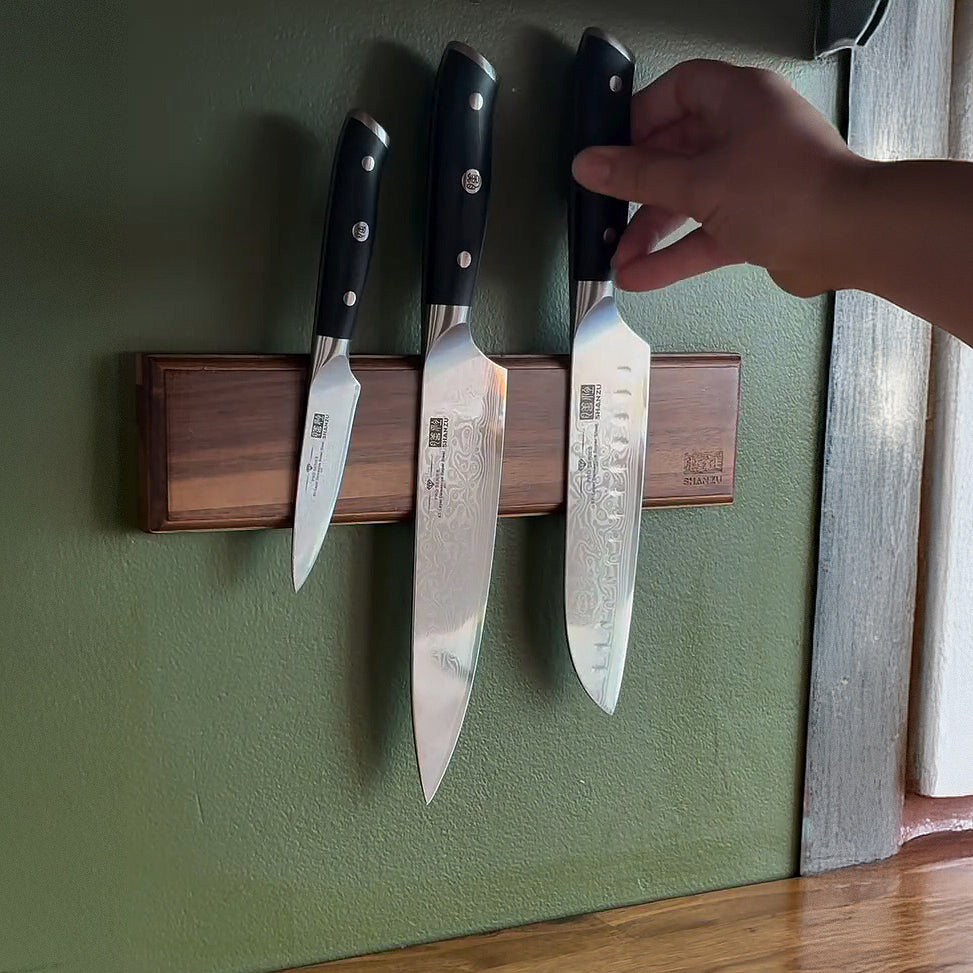 SHAN ZU PRO | 3-Piece Damascus Knife Set + 12" Magnetic Knife Holder