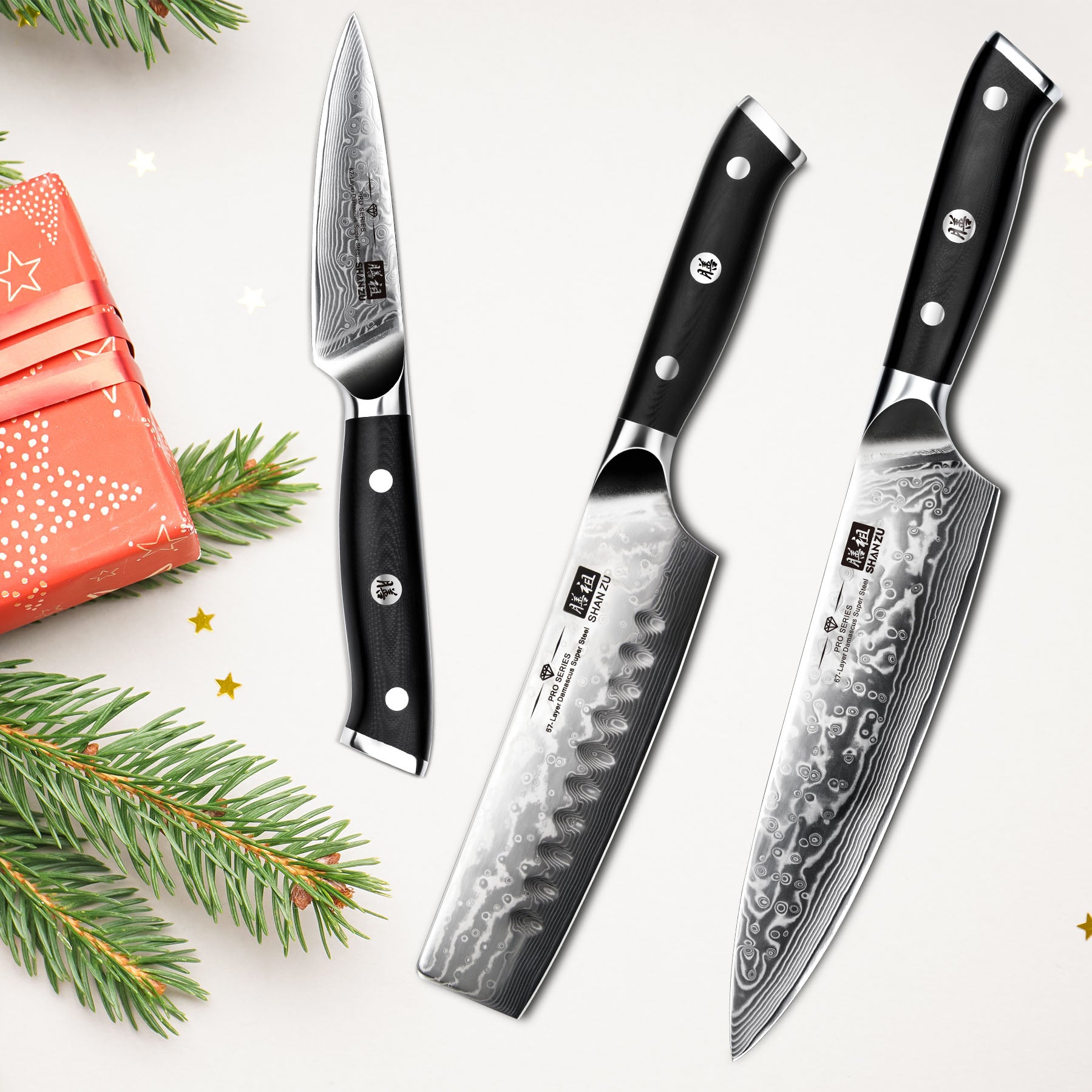 SHAN ZU Pro Series – 3-Piece Classic Damascus Knife Set + 12