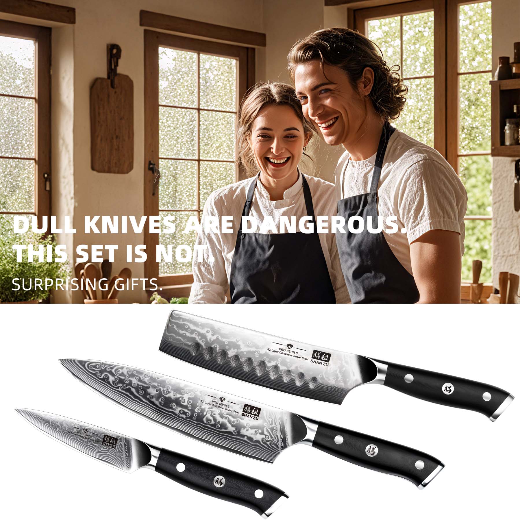 SHAN ZU Pro Series – 3-Piece Classic Damascus Knife Set + 12