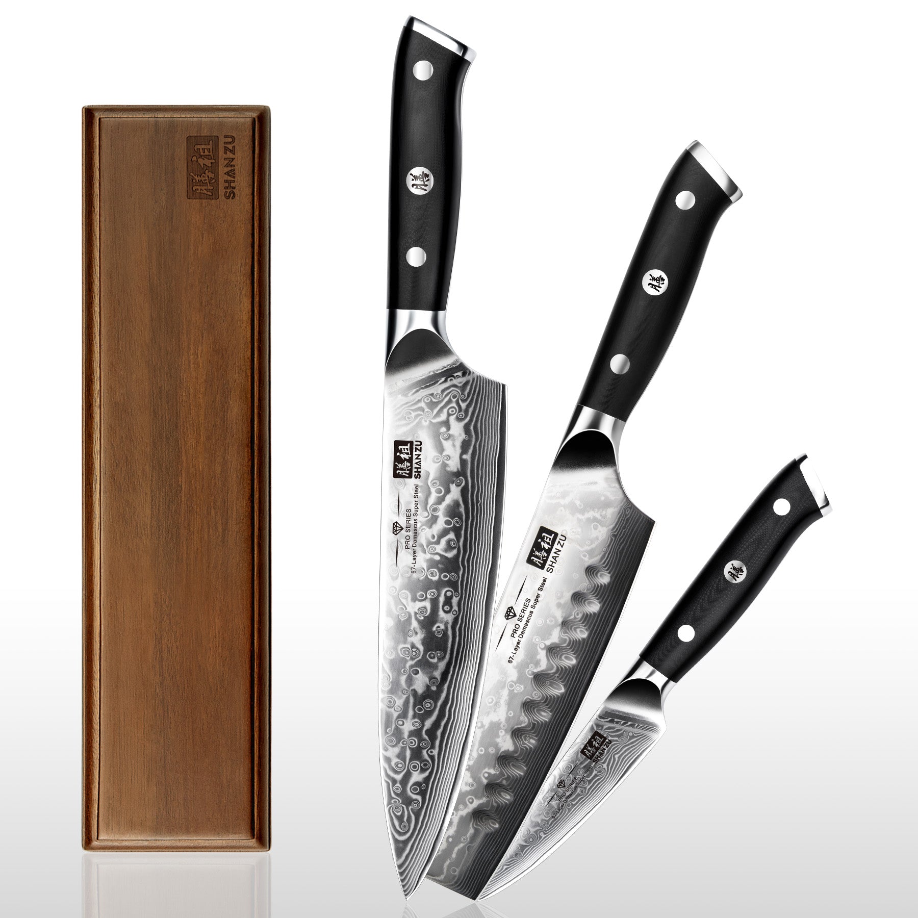 SHAN ZU Pro Series – 3-Piece Classic Damascus Knife Set + 12