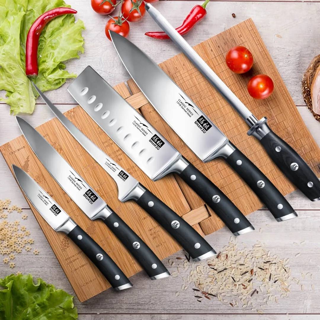SHAN ZU High Carbon Steel 7-PCS Kitchen Knife Block Set | Professional & Best Household Japanese HC Steel Chef Knife Set